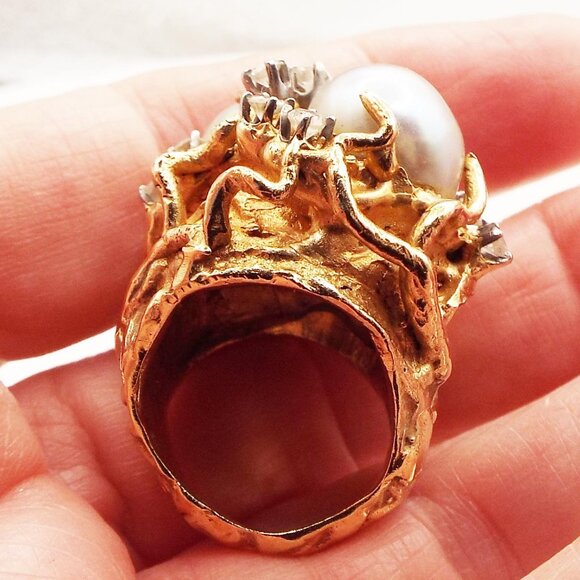 OCEAN 14K GOLD 32 GR., W/ 2 -12 MM GREY MOBE PEARLS & .34 TW DIAMONDS SZ. 4 RING - Picture 8 of 10